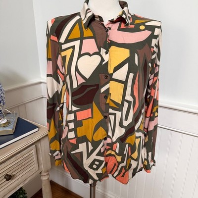 Big Dart Womens Abstract Geometric Print Button Down Shirt Multi Color Size US 6