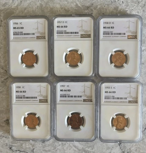 Lot Of 6 NGC Wheat Pennies MS 66 RD 1958 D 1958 P 1957 D 1957 P 1956 P 1955 S