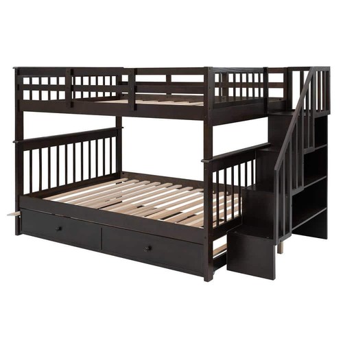 Harper + Bright Designs Bunk Bed Full w/ Twin Trundle, Storage Stairs Espresso - Picture 5 of 11