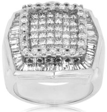 LARGE 3.50CT DIAMOND 14KT WHITE GOLD ROUND PRINCESS  BAGUETTE SQUARE MENS RING