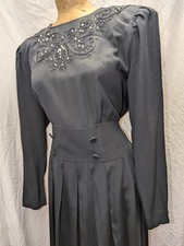 1980s 40s Style Black Rayon Pearls & Applique Dress by Karin Stevens Size 12