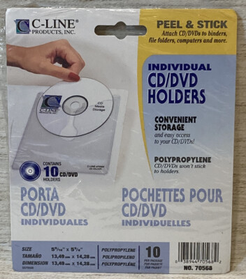 C-Line Self Adhesive CD/DVD Storage Holders, Polypropylene, Peel & Stick, 10/pk
