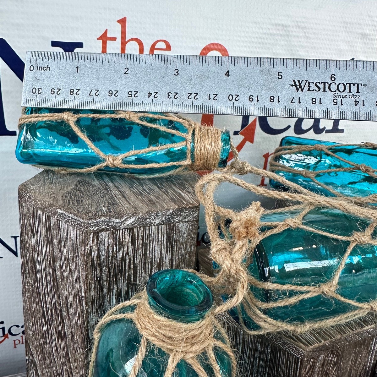 blue bottle candle fishing net 5 Aqua Glass Bottles On Jute Rope, Light Blue Old Style Floats, Nautical  Decor