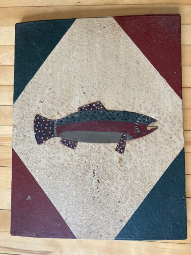 NICE! Antique 19th C salmon trout fishing store wood Trade Sign folk art 22x17” - Picture 1 of 6
