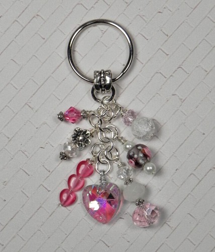 Heart Flower Crystal Beaded Handmade Keychain Split Key Ring Pink White - Picture 2 of 4