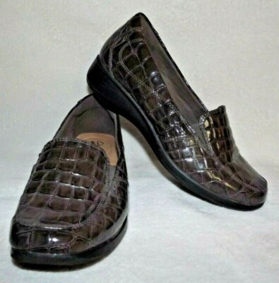 Womens Clarks Gael Patent Croc Print Shoes Walking Wedge Loafer 15260 Size 