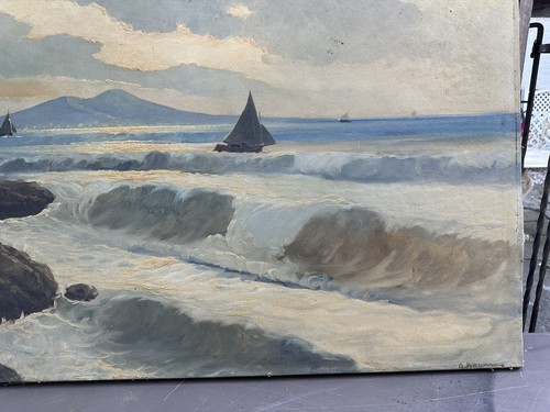 Antique Impressionistic Coastal Harbor Scene Signed Oil Painting On Canvas - Bild 5 von 11