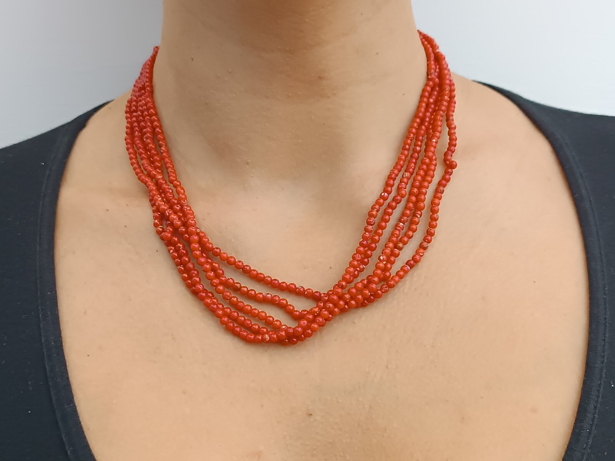 Collana in Corallo Rosso, Giada antica e Argento 925 - Collane Corallo