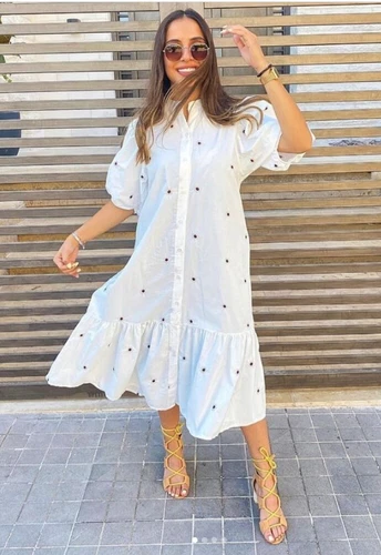 ZARA OYSTER WHITE PUFF SLEEVE MARIE FLORAL EMBROIDERED POPLIN RUFFLED MIDI DRESS - Picture 16 of 24