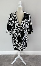 Nine West V Neck Longline Blazer 3/4 Sleeve Jacket Black White Floral Art L New