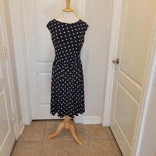 Lauren Ralph Lauren Black Wht Polka Dot Cap Sleeve Dress W Gathered Waist Sz 14