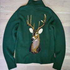 Toddland Deer Buck Ram Cowichan Style Zip Cardigan Wool Blend Green Men Large