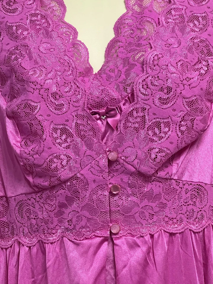 ShadowLine Robe & Top Pant Set Womens Large Pink Nylon Lace Vintage 3 Piece - Image 4 of 4