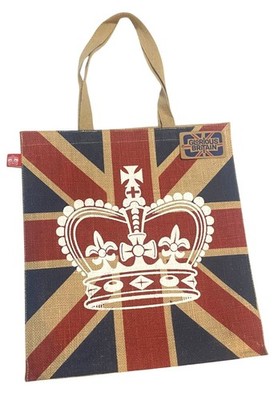 Glorious Britain Union Jack Jute Tote Bag W/Crown Design & Handles 16''H X 14.5''W