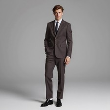 Men's Brown 97 Merino Wool Fine Stripe Slim Single-Breasted 2Button 2Piece suit