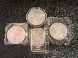 4 Troy Ounces Of 999 Fine Silver 3 Silver Eagle 1 Bar Nw Territorial Mint...Seal