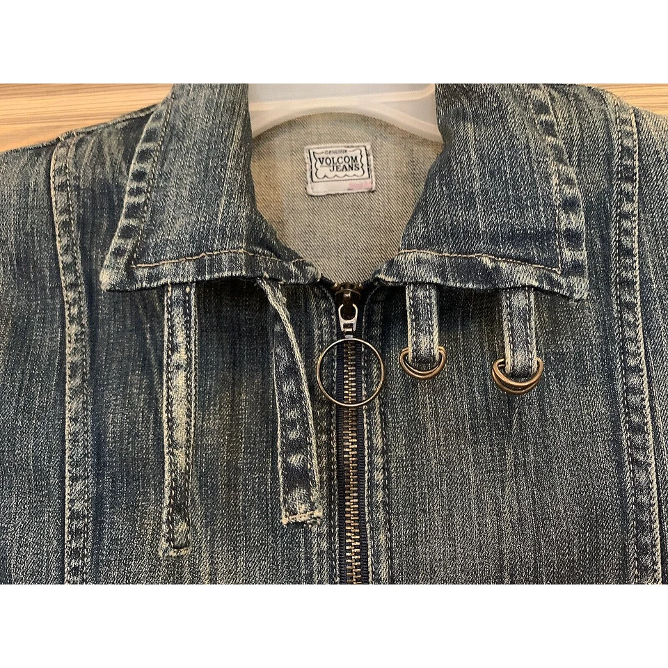 VOLCOM Denim Blue Jean Boxer Motorcycle Zip Up Jacket Women's Size M - Image 3 of 4