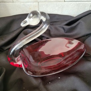 Vintage Duncan Miller Hand Blown Art Glass Ruby Red Swan Serving Bowl