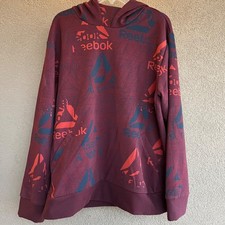 Reebok Unwind Hoodie Mens L Maroon Red All Over Print Pullover Kangaroo Pocket