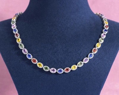 32,2 kt Saphir mehrere Farben & Diamant 18 K Weißgold über Tennis Halskette