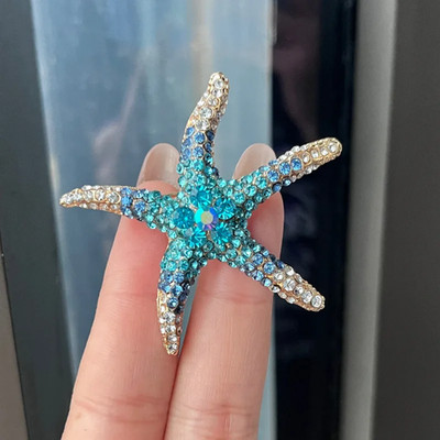 Blue Starfish Rhinestone Brooch   Ocean Beach Summer Pin Coastal Jewelry Gift US