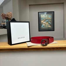 Gucci Red  Silver Leather Interlock Belt - 95 CM / 38" - 550 - New - Authentic