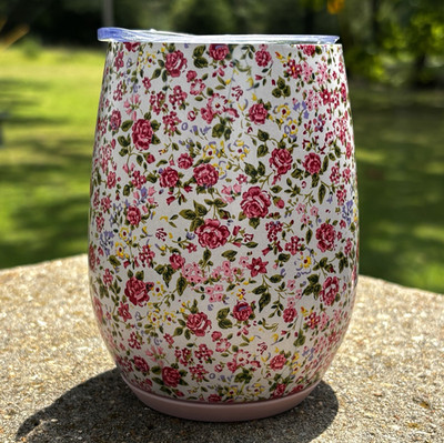 Matilda Jane Metal Wine Tumbler Pink Floral Outdoor Travel Cup w/Lid Stemless