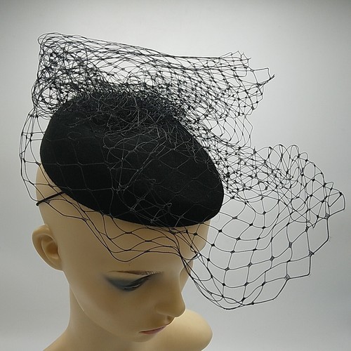 Failsworth Hat Studio BLACK Pillbox Birdcage Veil Fascinator Hat 100% Wool, NWT - Picture 8 of 15