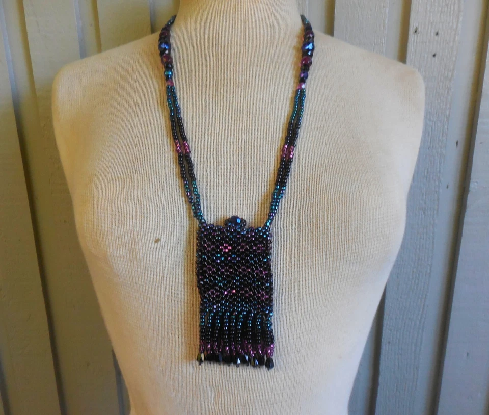 Beaded Necklace Pouch Bag w/ Fringe Tassels Medicine Bag Coin Purse Amulet Case