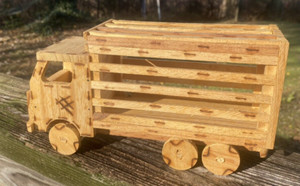 HANDMADE WOODEN SEMI TRUCK TOY 10"x 5" Rolls Back opens burned Deco Vintage