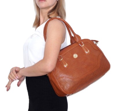 Tan color ladies handbag elegant shopper handle bag W/H/D 38 x 28 x 20 cm