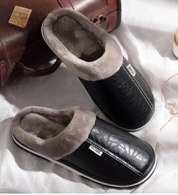 Men Slippers Leather Home Men Warm House Slippers Male Fur Slippers Comfortable