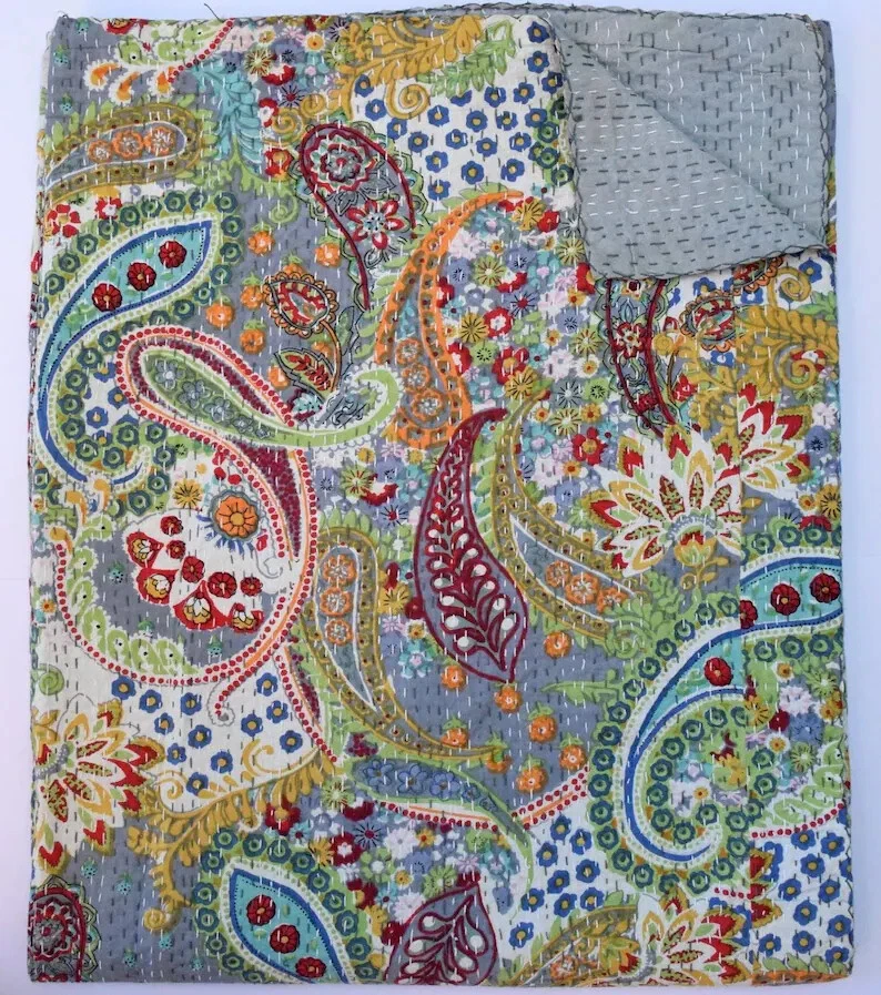 Edredón Kantha indio gris cachemir indio hecho a mano colcha Queen Kantha edredón  Foto 4 de 4
