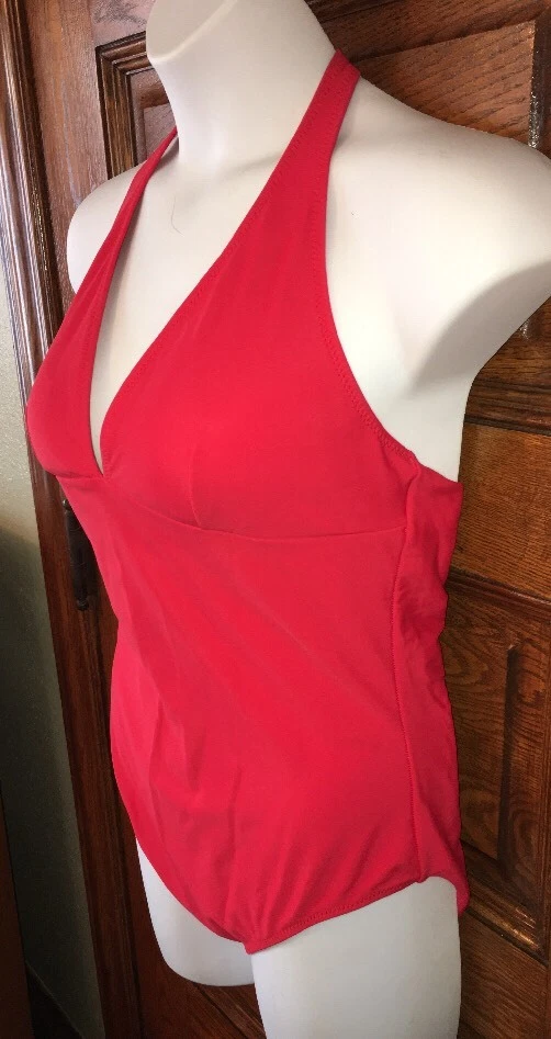 TERNO DE BANHO SPIEGEL vermelho sólido mergulho profundo 1 peça Halter, tamanho 16, SEXY! - Imagem 2 de 4