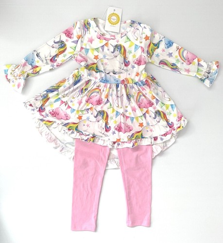 girls rainbow star unicorn hi-lo top & pink leggings set size 18-24m/2y/3y/4y/5y - Picture 4 of 12