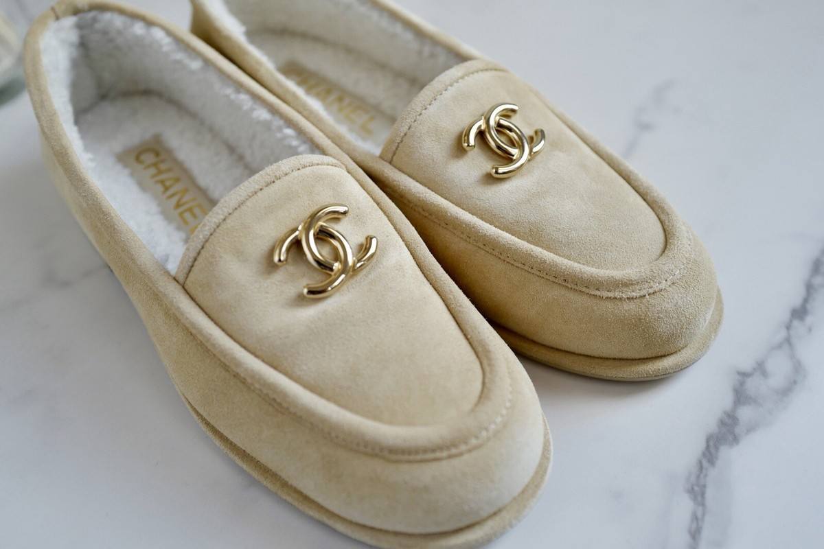 CHANEL 24K Shearling Lined Suede Calfskin CC Loafers