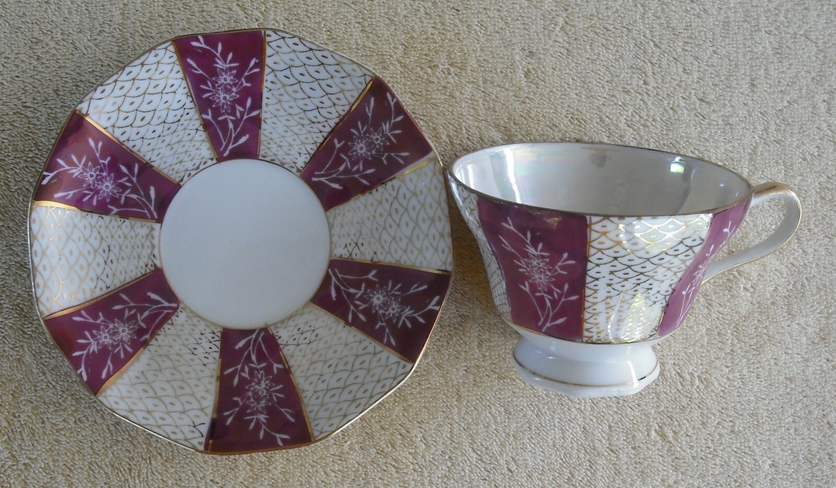 Vintage Tea Cup & Saucer B-953 JAPAN Iridescent Burgundy White