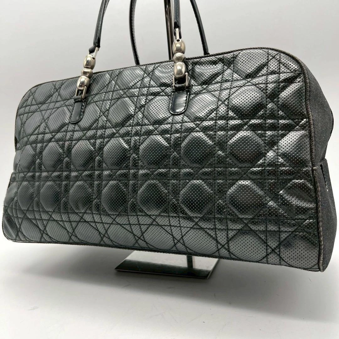 Dior Mini Boston Cannage Maris cuir perlé poinçonné noir authentique occasion