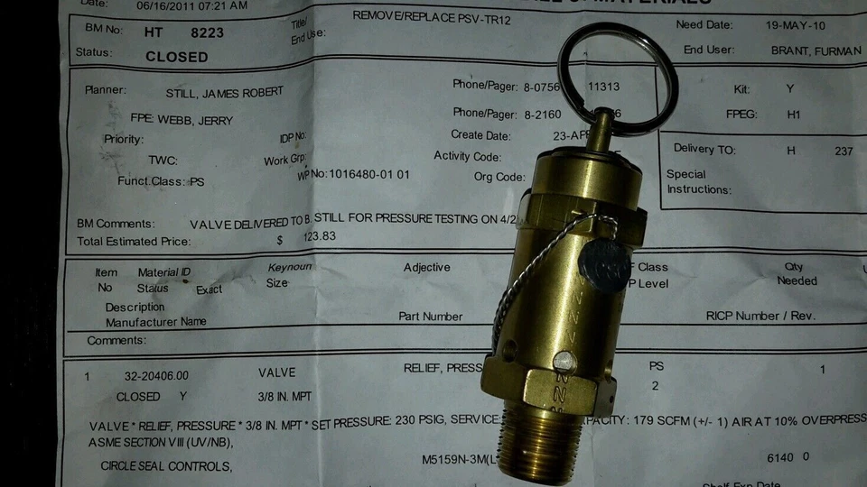 CIRCLE SEAL M5159N-3M(L) 3/8" 230PSIG SAFETY RELIEF VALVE NEW $199 - Image 2 of 2