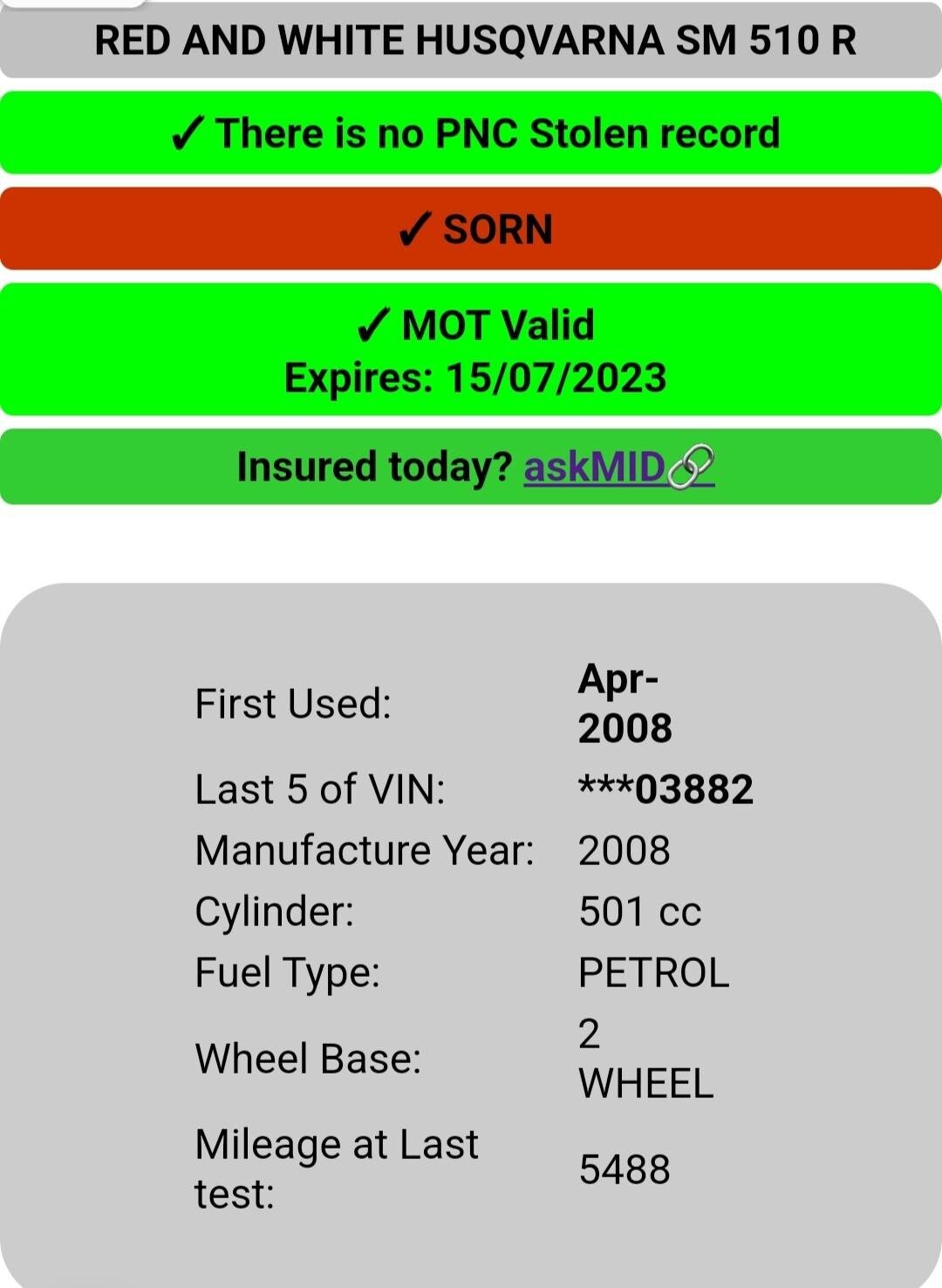 HUSQVARNA SM 510R TE TC 250 410 570 610...ROAD LEGAL FRAME WITH M.O.T