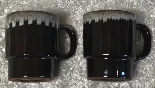 Lot of 2 Vintage Japan Dark Brown Drip Glaze Stackable Coffee Cups Mugs Ceramic