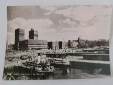 1951 RPPC Oslo Norway City Hall Port Tugboats; Norge Overprinted 40/45 Ore Stamp