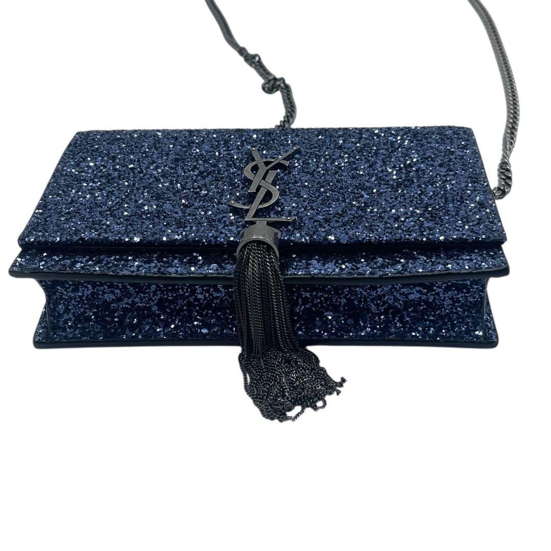 YVES SAINT LAURENT Kate Leather Chain Wallet Shoulder Bag Metallic blue Glitter thumbnail 5
