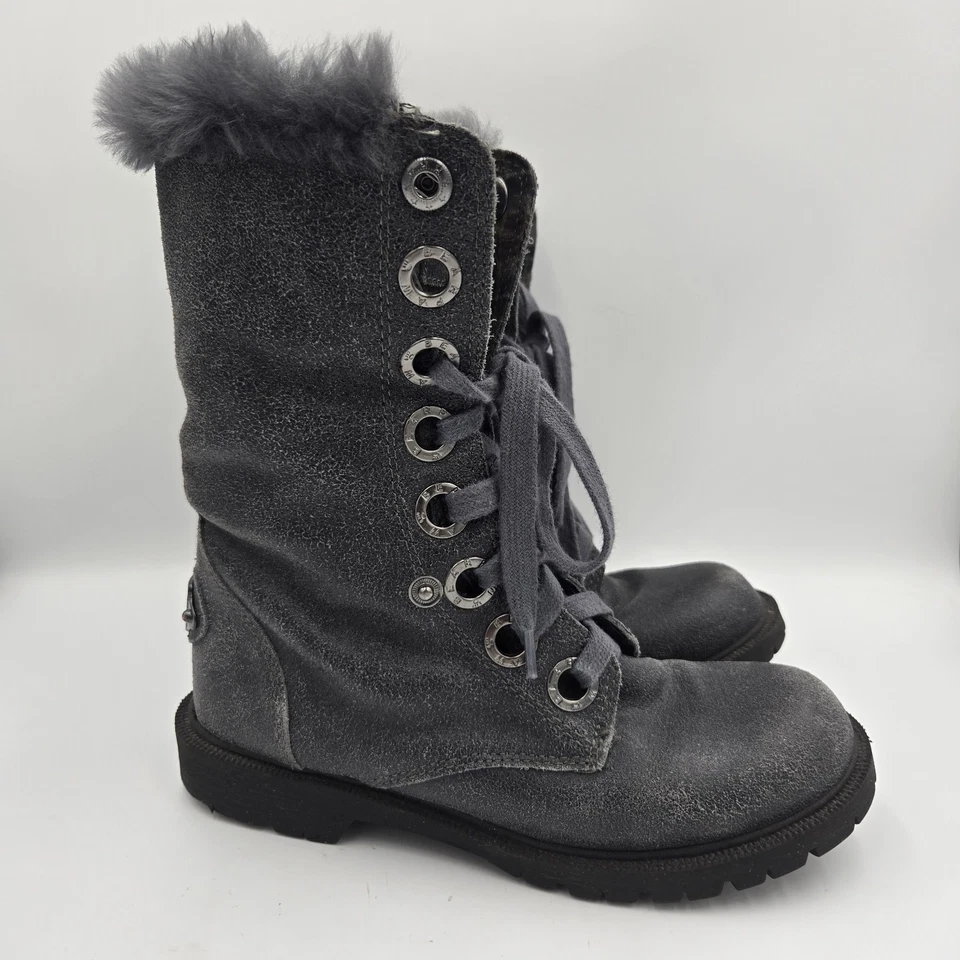 Bearpaw Kayla II Combat Boots Sheep Skin 7 Grey Shimmer Fur Lined Plaid Accents - Image 4 of 4