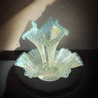 Vintage 9” Fenton Blue Opalescent Hobnail Epergne 3 Horn Trumpet Vase MINT