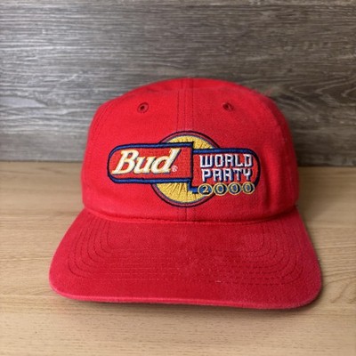 Vintage Budweiser World Party 2000 Red Hat Adjustable Dad Cap Beer Logo Marks