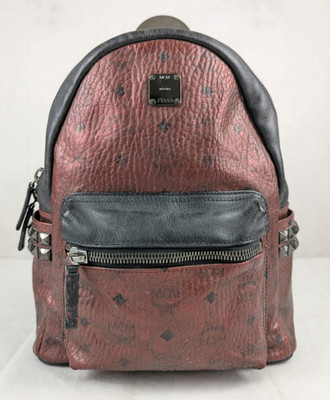 MCM Metallic Visetos Side Stud Stark Leather Backpack Burgundy Made in korea.