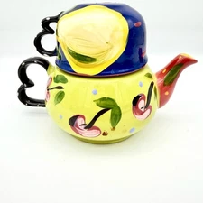 VTG Tea For One Stackable Teapot Cup Set Hand Painted Fruit Lemon Cherry Ceramic