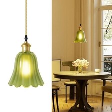 Pendant Light with Vintage Green Glass Petal Lampshade,Height-Adjustable Pend...