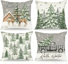 Festive Xmas Throw Pillow Covers Set of 4, 18X18 Inch Cozy Winter Deer Cabin Sno
